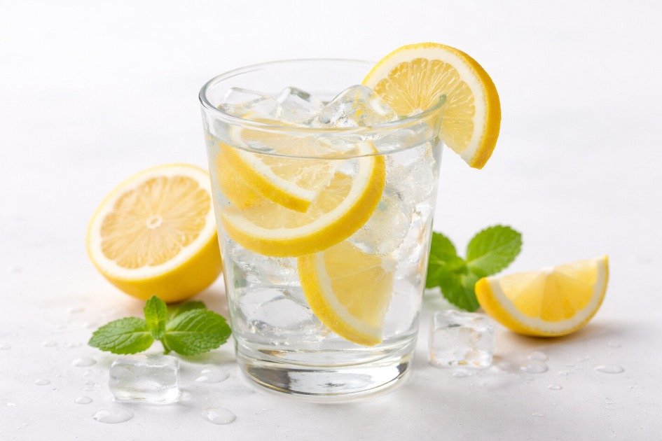 Clear glass of water with fresh lemon slices, symbolizing daily hydration for health and energy.