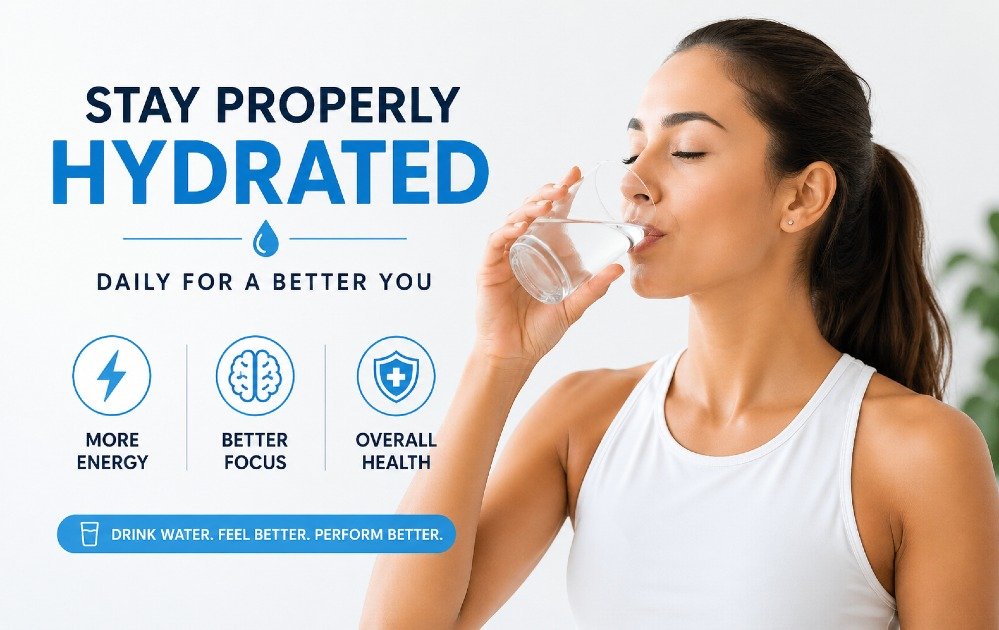 Person drinking water from a glass, illustrating proper daily hydration for energy, focus, and overall health
