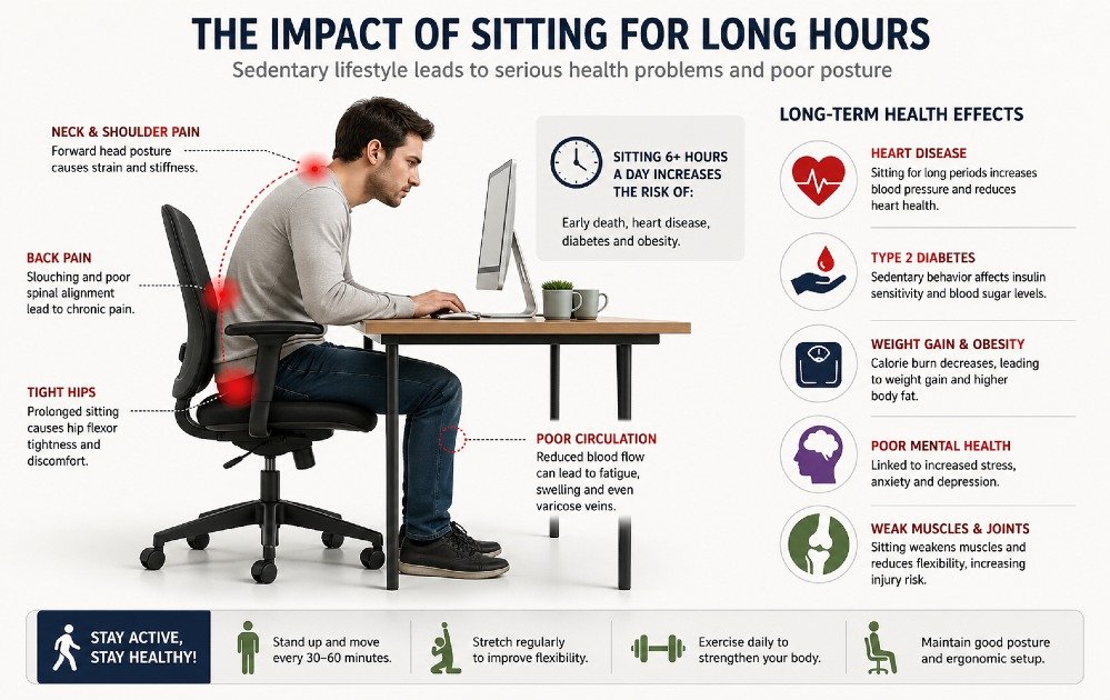 Person sitting for long hours at a desk, highlighting the health risks of prolonged sedentary behavior.