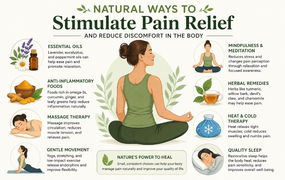 Illustration showing natural methods that stimulate pain relief and reduce discomfort in the body.