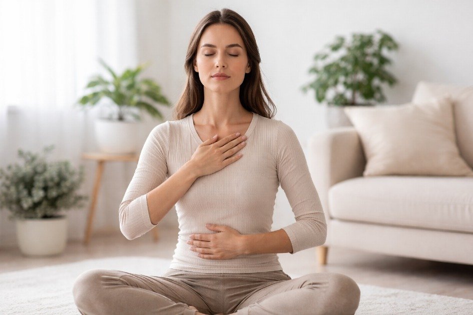 Person practicing slow, controlled breathing with calm posture to reduce stress and improve focus