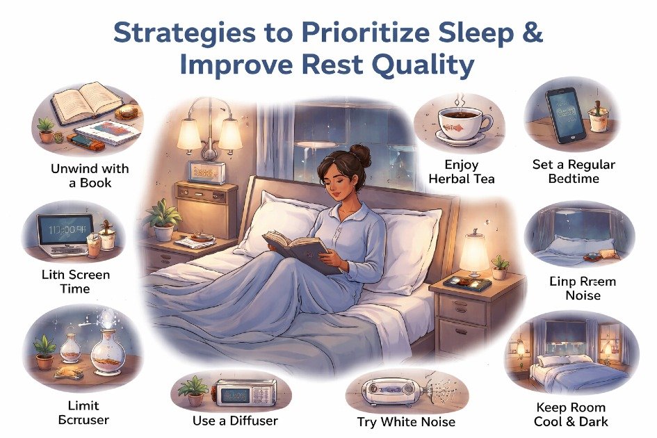 Focused person winding down at night with a calm bedroom setup, illustrating practical strategies to prioritize sleep and improve rest quality