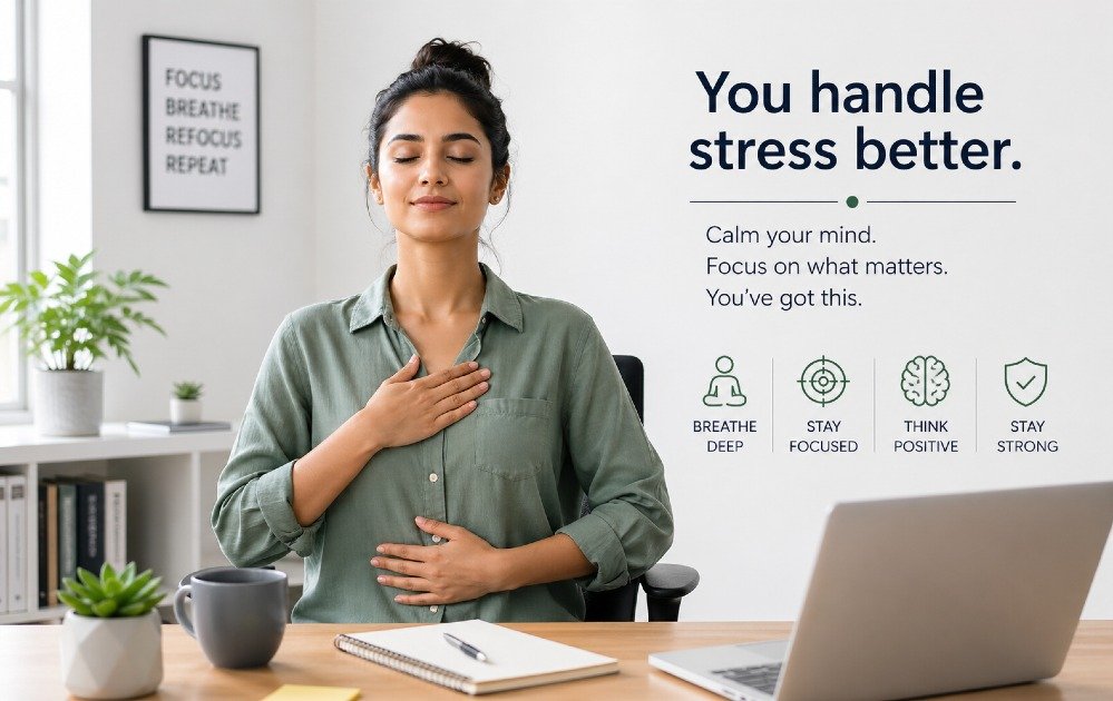 Person calmly managing daily stress with focus and emotional control in a modern workspace.