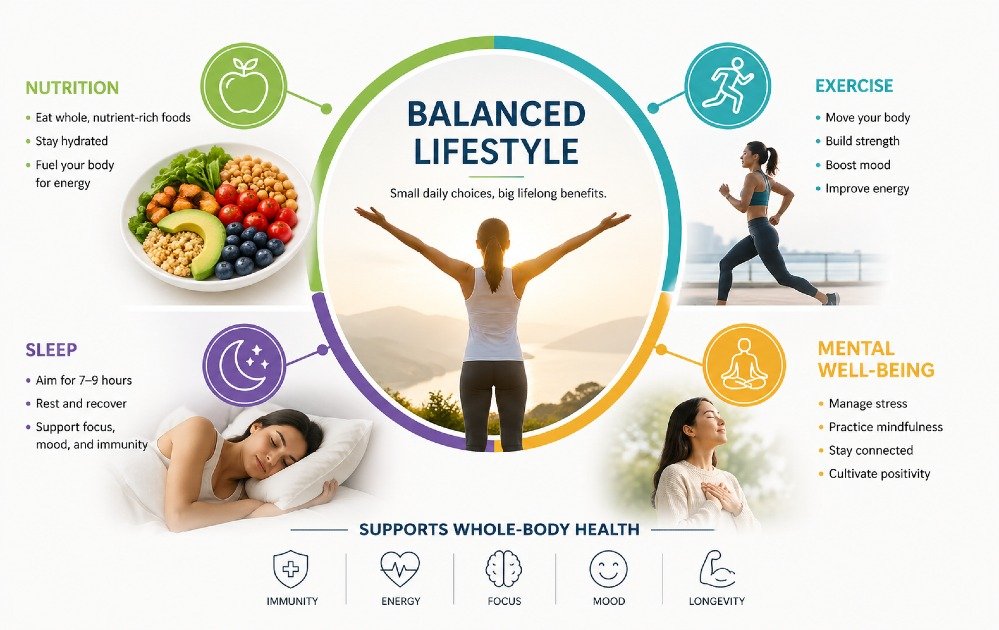 Balanced lifestyle concept showing nutrition, exercise, sleep, and mental well-being supporting whole-body health.