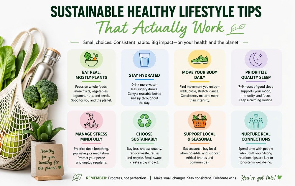 Balanced healthy lifestyle showing nutritious food, exercise, hydration, and mindful living habits for long-term wellness.