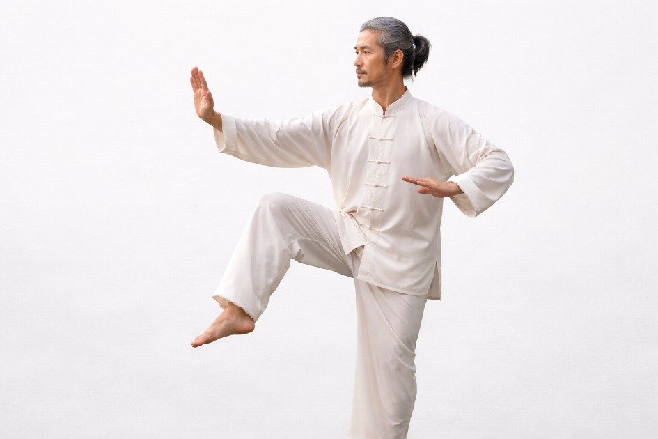 Person practicing Tai Chi outdoors, demonstrating gentle strength and balance.