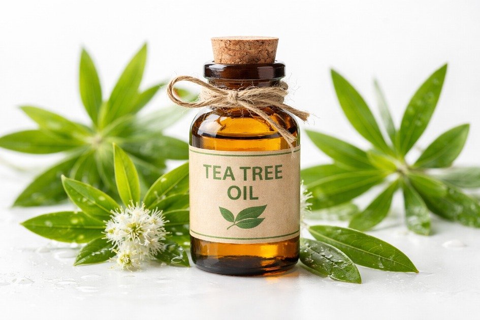 Bottle of tea tree oil with fresh green leaves, symbolizing natural skin healing and immune support.