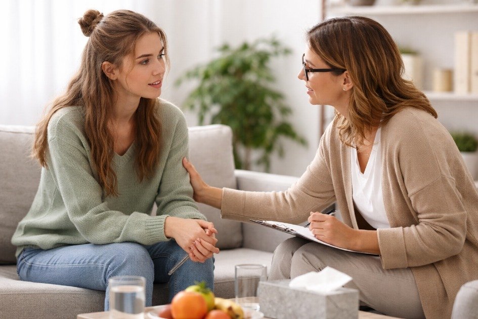 Patient in therapy session receiving support for eating disorder recovery