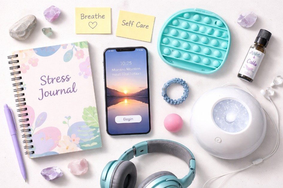 Anxiety management tools including stress journal, meditation app, and calming gadgets for mental wellness.
