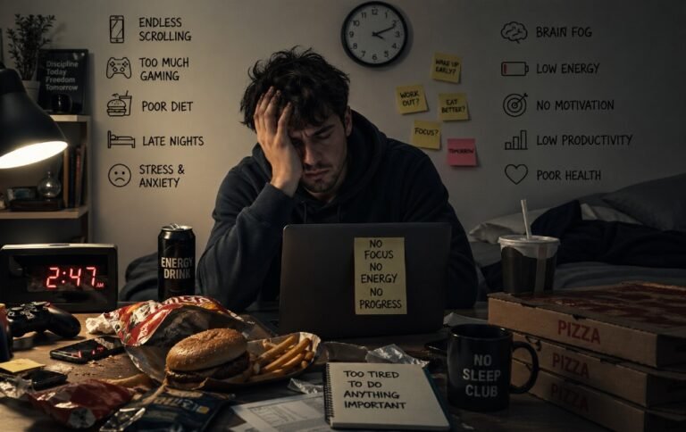 Person overwhelmed by daily stress, highlighting common toxic habits that drain energy and reduce productivity.