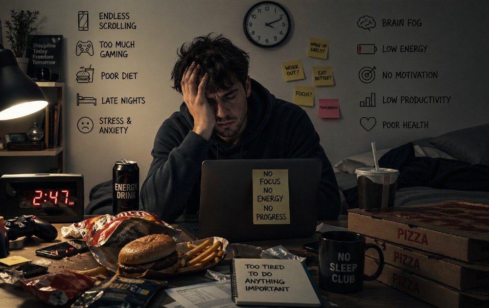 Person overwhelmed by daily stress, highlighting common toxic habits that drain energy and reduce productivity.