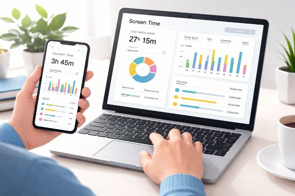 Person monitoring screen time on smartphone and laptop to track digital usage habits