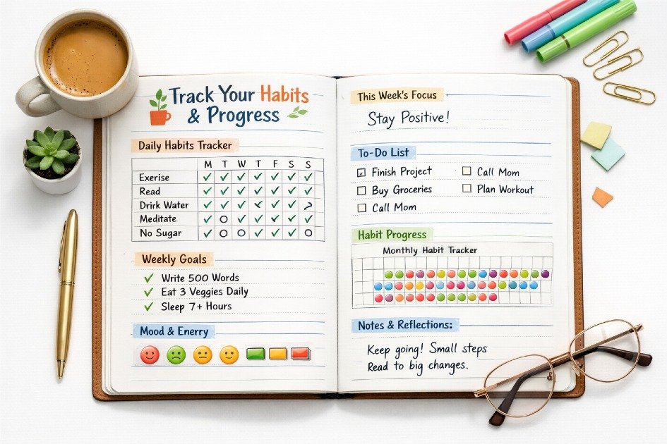 Track daily habits and progress with a visual, easy-to-use planner for personal growth and productivity.
