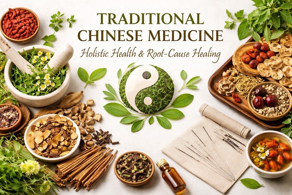Traditional Chinese Medicine herbs and acupuncture promoting holistic health and root-cause healing.