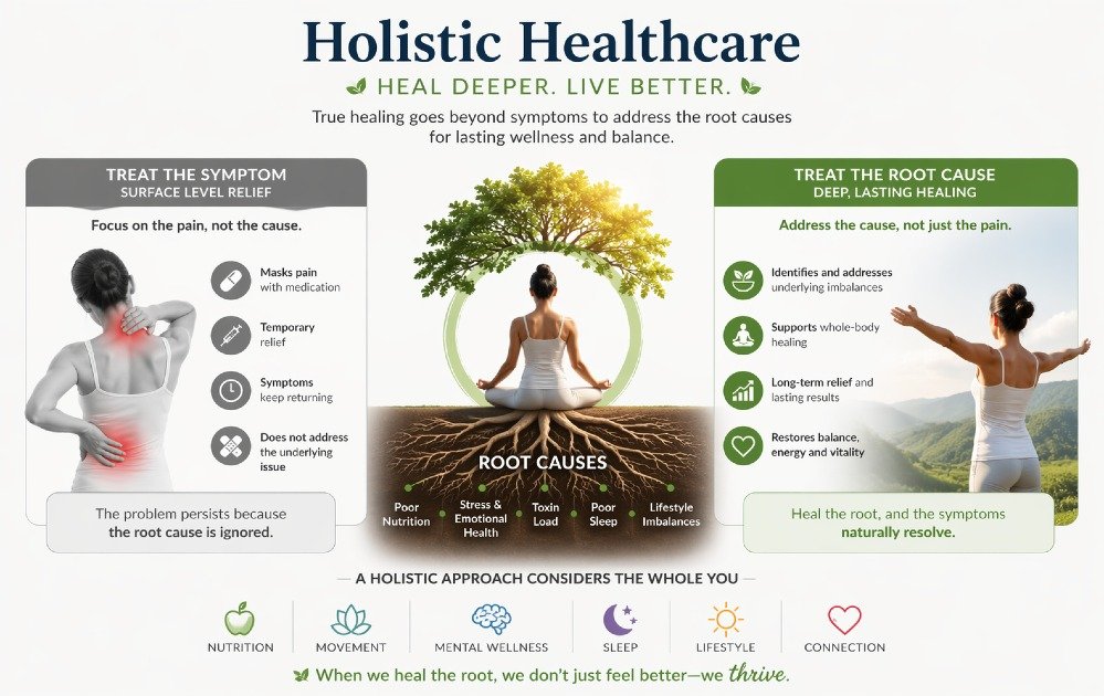 Holistic healthcare concept showing deeper healing by addressing root causes instead of surface pain symptoms.