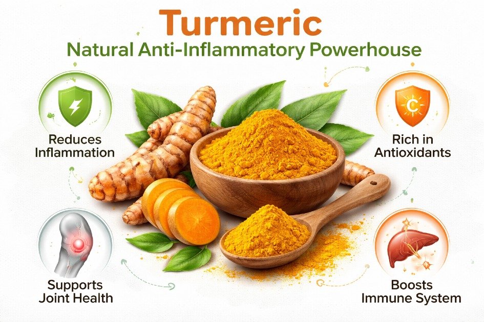 Turmeric root and powder highlighting its natural anti-inflammatory and antioxidant benefits