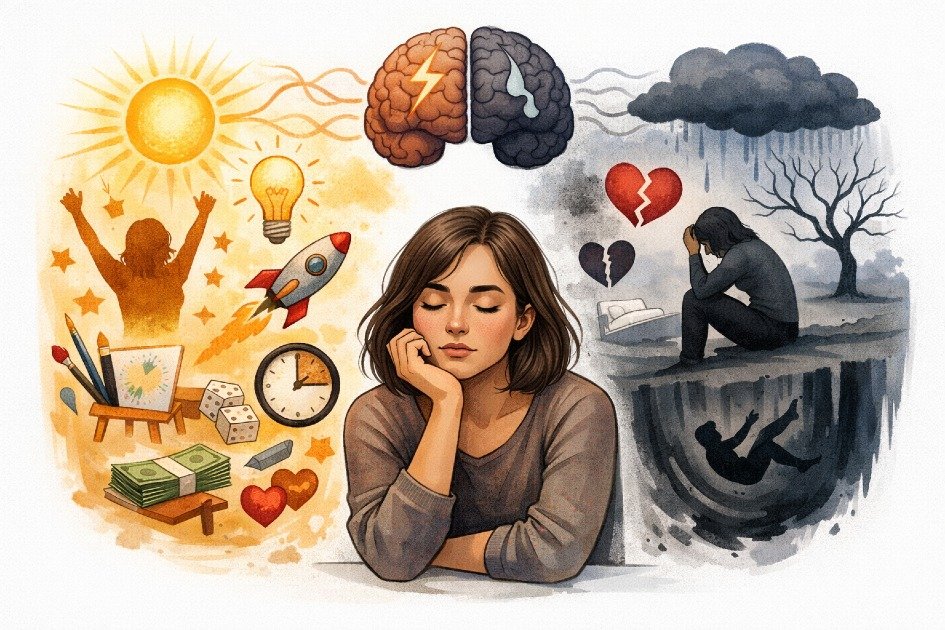 Person reflecting on emotional highs and lows, illustrating bipolar disorder beyond mood swings.