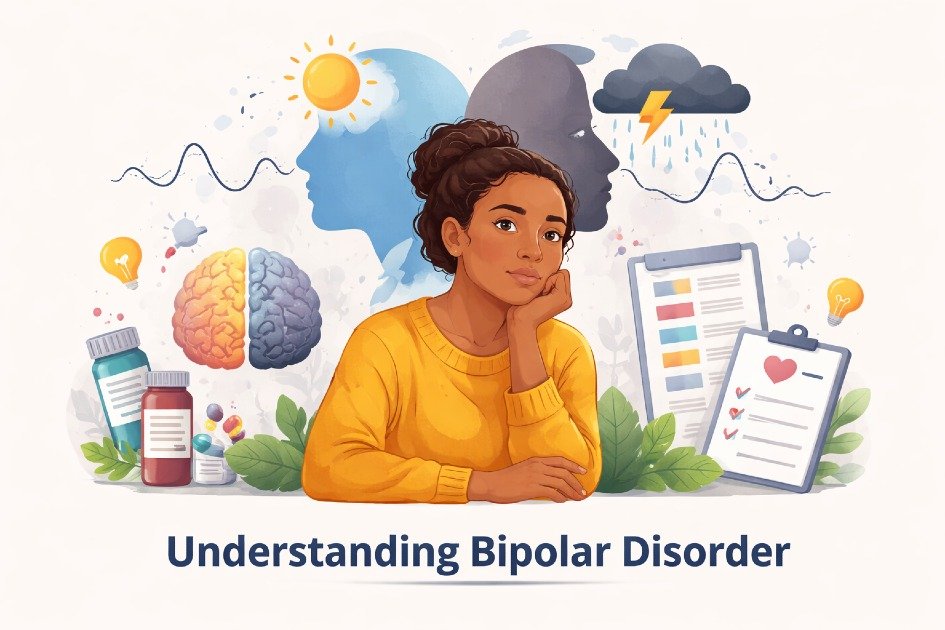 Illustration of a thoughtful person reflecting, symbolizing awareness and understanding of bipolar disorder.