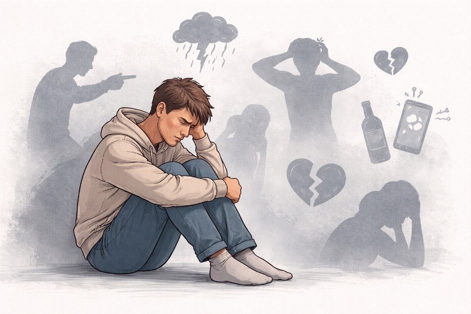 Person sitting in quiet reflection with subtle shadow elements representing emotional triggers and mental strain