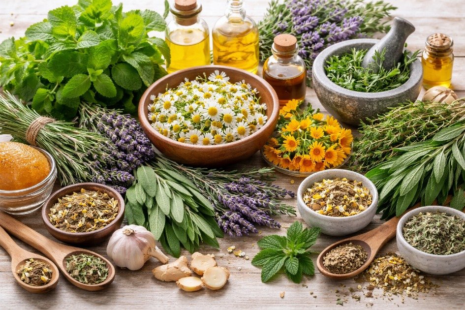 Fresh medicinal herbs on a wooden table, showcasing natural remedies and holistic wellness.
