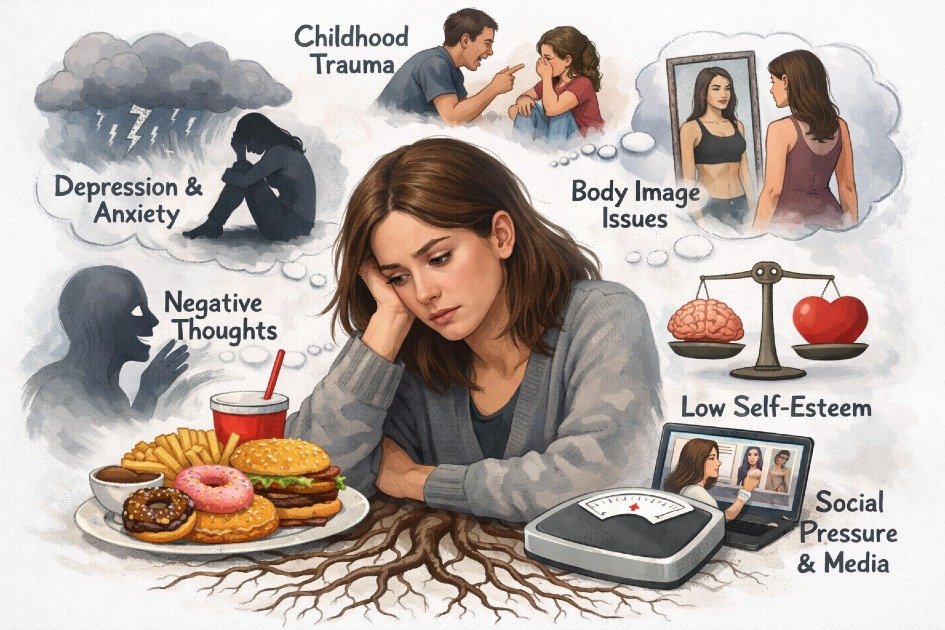 A thoughtful person reflecting on unhealthy eating habits, illustrating the psychological and emotional roots of eating disorders.