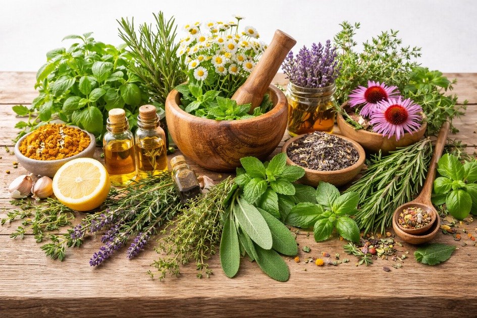 Fresh medicinal herbs on a wooden table, symbolizing natural healing and wellness.