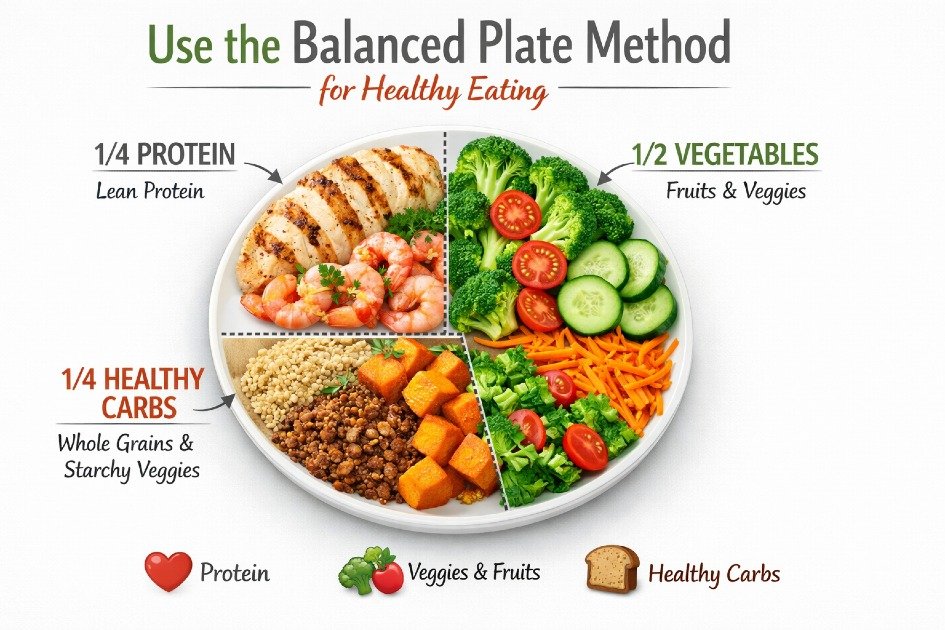 Balanced Plate Method showing a colorful meal with proteins, vegetables, and healthy carbs for portion control.