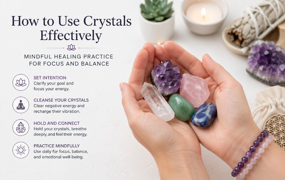 Person meditating with healing crystals arranged intentionally to enhance focus, balance, and energy alignment