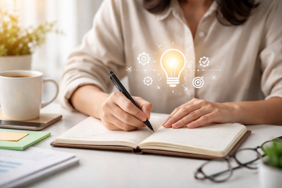 A person writing in a journal with focused intent, symbolizing clarity and better decision-making.