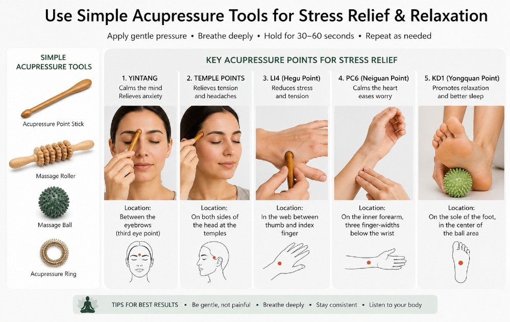 Hand using simple acupressure tools to apply gentle pressure on key body points for stress relief and relaxation.
