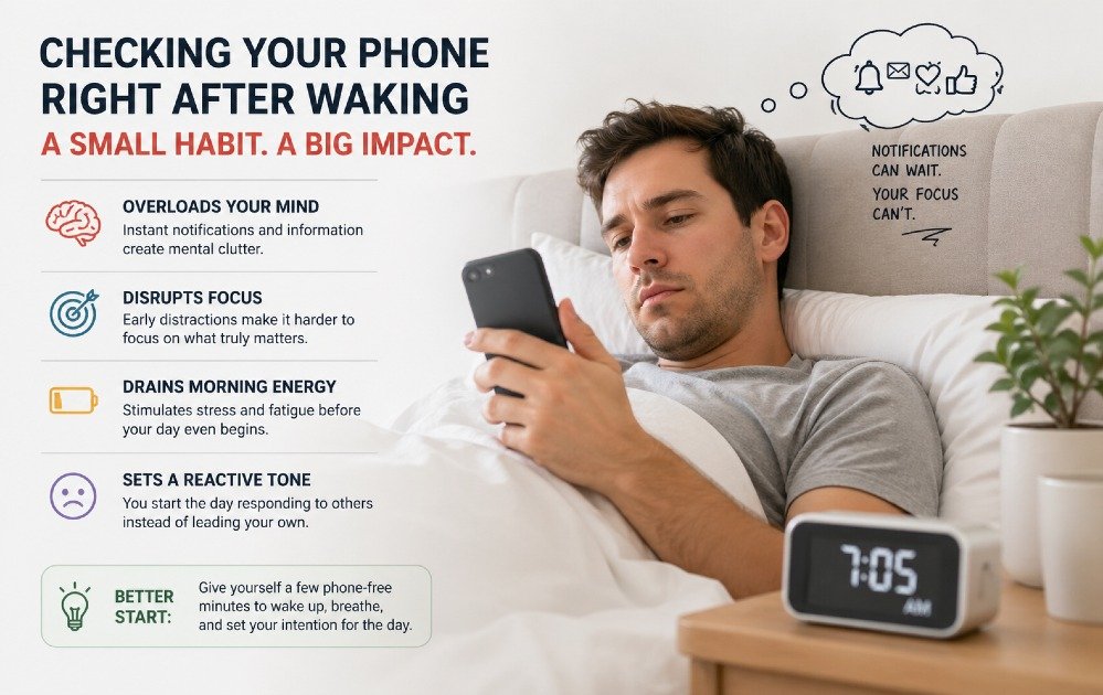 Person immediately using a smartphone after waking up in bed, highlighting a common habit that affects morning focus and mental clarity.