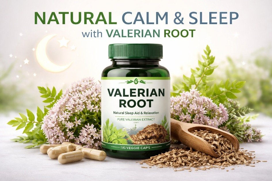 Valerian root supplement promoting natural, restful sleep and relaxation.