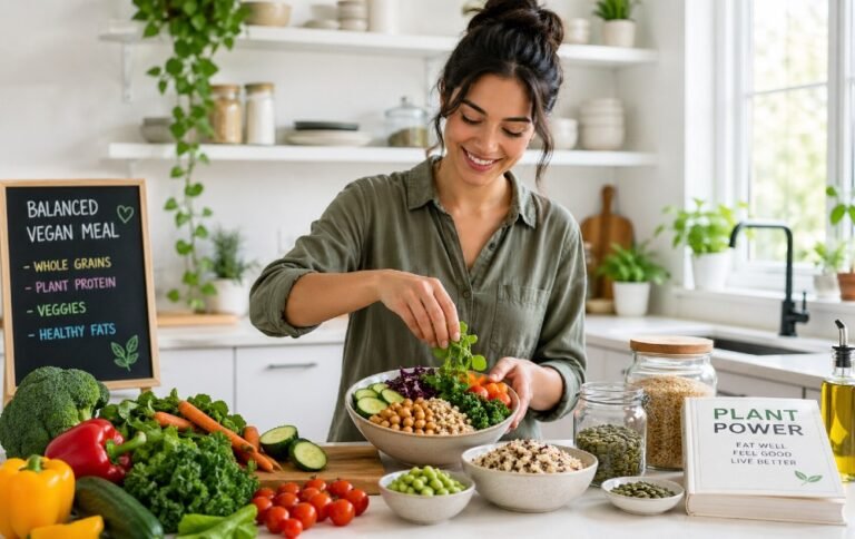 Person preparing a balanced vegan meal with fresh vegetables, whole grains, and plant-based protein in a bright, organized kitchen