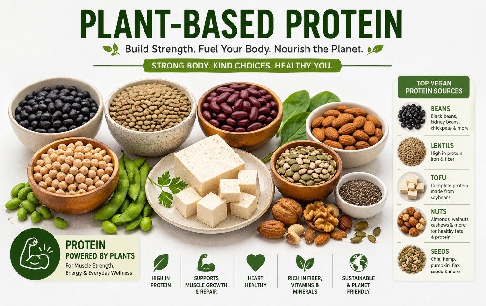Plant-based protein foods including beans, lentils, tofu, nuts, and seeds for muscle strength and healthy vegan nutrition.