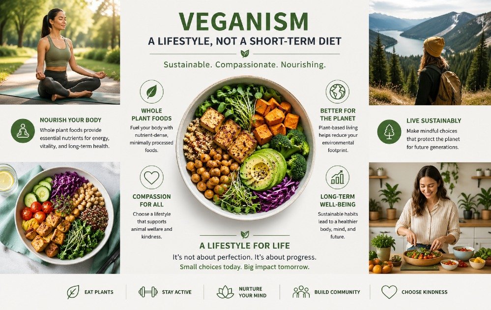 Balanced vegan lifestyle with whole plant foods, showing long-term healthy living habits