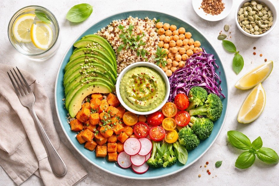 Healthy vegetarian meal on a vibrant plate, promoting longevity and well-being.