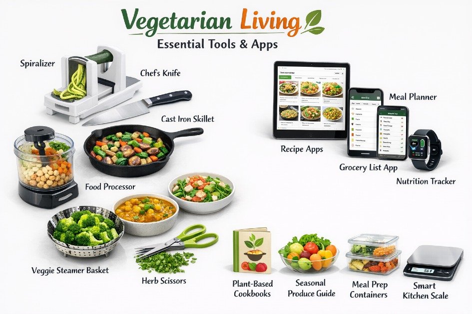Essential kitchen tools and apps that simplify vegetarian cooking and meal planning.