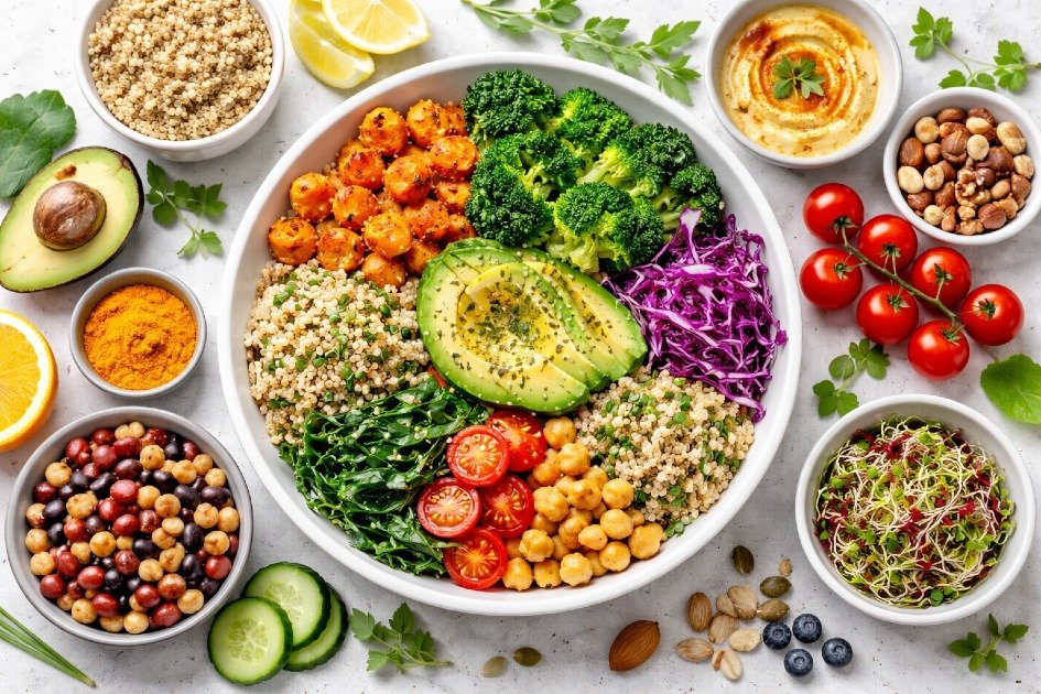 Colorful vegetarian meal rich in vegetables, whole grains, and legumes promoting long-term health and longevity.