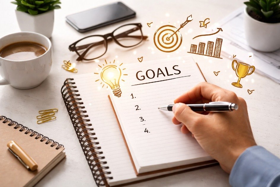 Person writing goals in a journal with a pen, symbolizing clarity, focus, and achieving success.