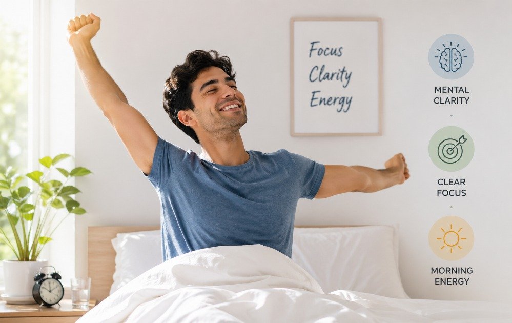 Person waking up refreshed in bed, symbolizing mental clarity, focus, and a calm morning mindset.