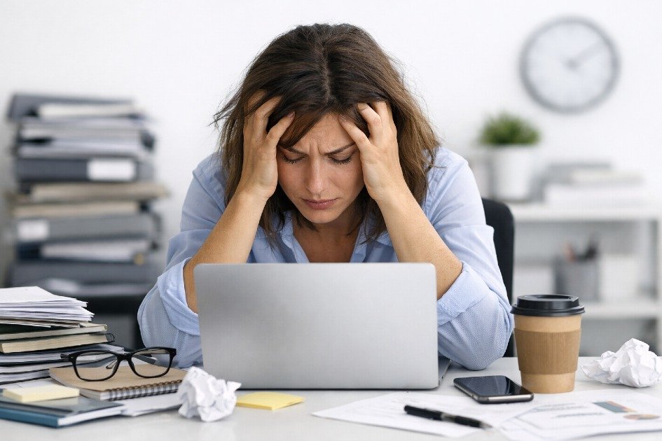 Person experiencing burnout—mental exhaustion, emotional fatigue, and stress overload in a modern work setting