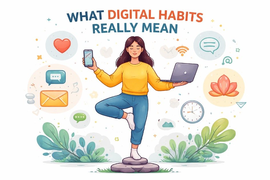Digital habits concept with a person balancing smartphone and laptop, symbolizing mindful technology use.