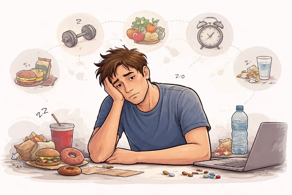Person appearing fatigued and unmotivated, representing the consequences of missing essential daily health habits