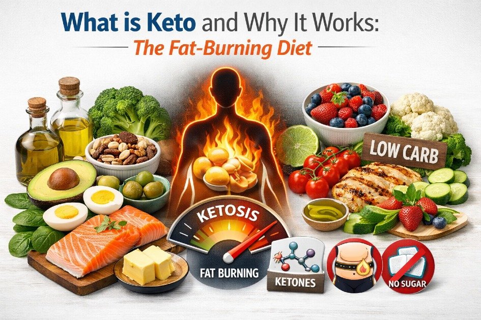 Keto diet concept showing healthy fats, low-carb foods, and metabolic fat burning
