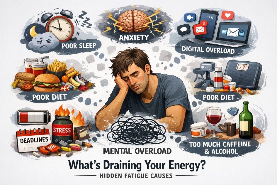 Exhausted person surrounded by symbols of stress, poor sleep, and digital overload representing hidden causes of low energy
