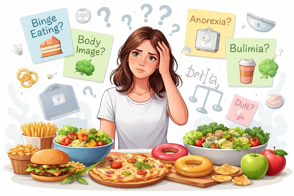 Confused person looking at food choices, representing the complexity of eating disorder definitions.