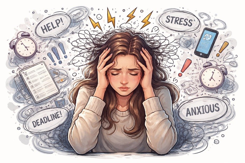 Person overwhelmed by anxiety, surrounded by racing thoughts and pressure, illustrating emotional overload and mental stress