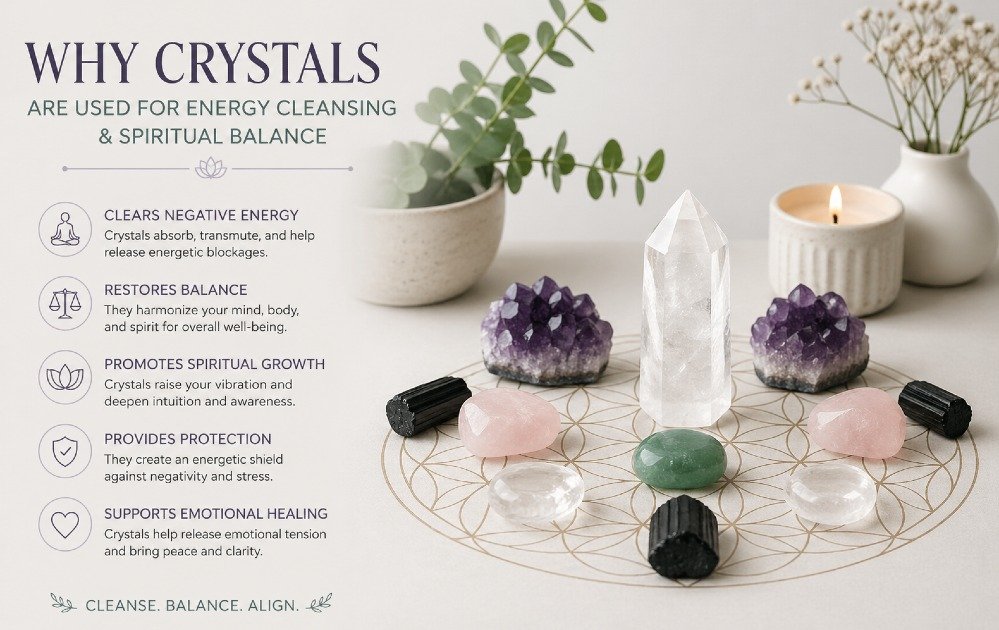 Natural crystals that promote energy cleansing and emotional balance in a calm, minimalist setting