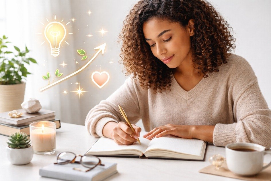 Person writing in a journal with focus and intention, symbolizing mindful journaling and personal growth.