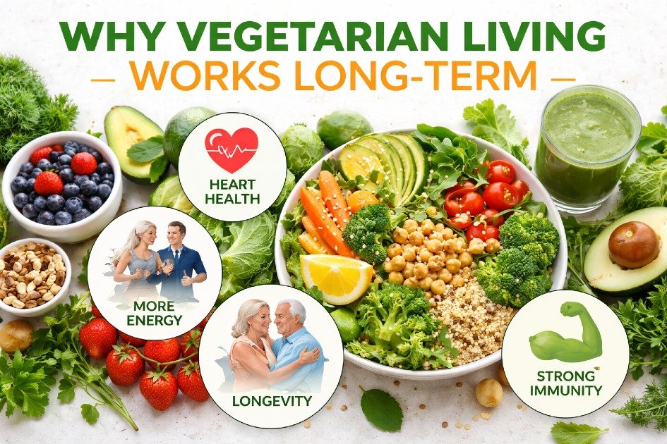 Healthy vegetarian meal showcasing long-term plant-based lifestyle benefits for vitality and longevity.